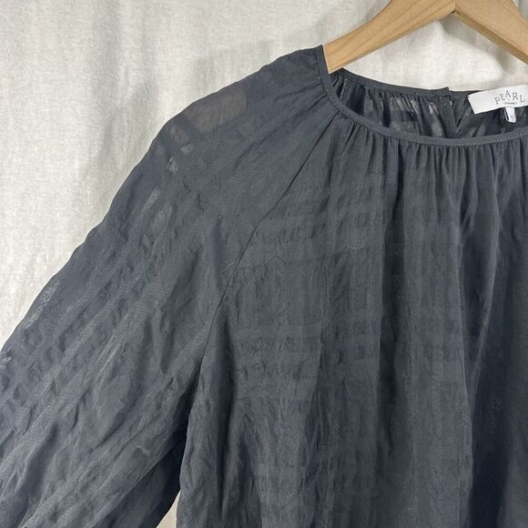 Pearl By Lela Rose Sheer Black Windowpane 3/4 Peasant Top Womens Size M - Picture 6 of 13